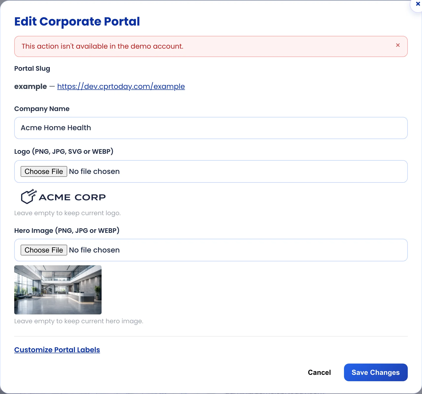 Portal editor in the demo account showing the notice: this action isn't available in the demo account