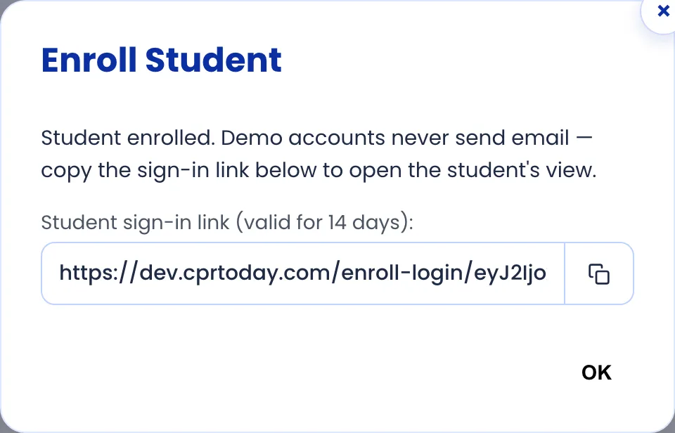 Enroll Student dialog confirming the student was enrolled and offering a sign-in link to copy