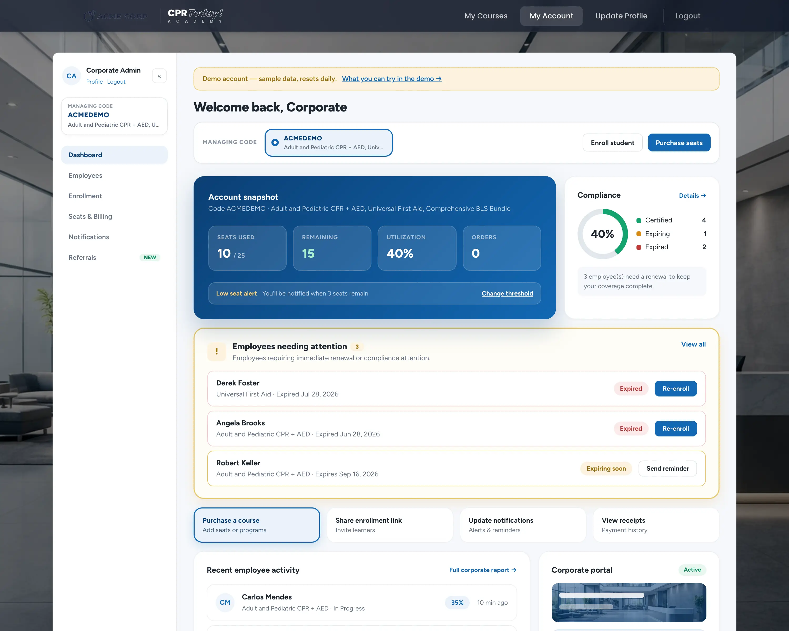 The corporate dashboard inside the demo company's branded portal, with the Acme Corp logo in the navigation