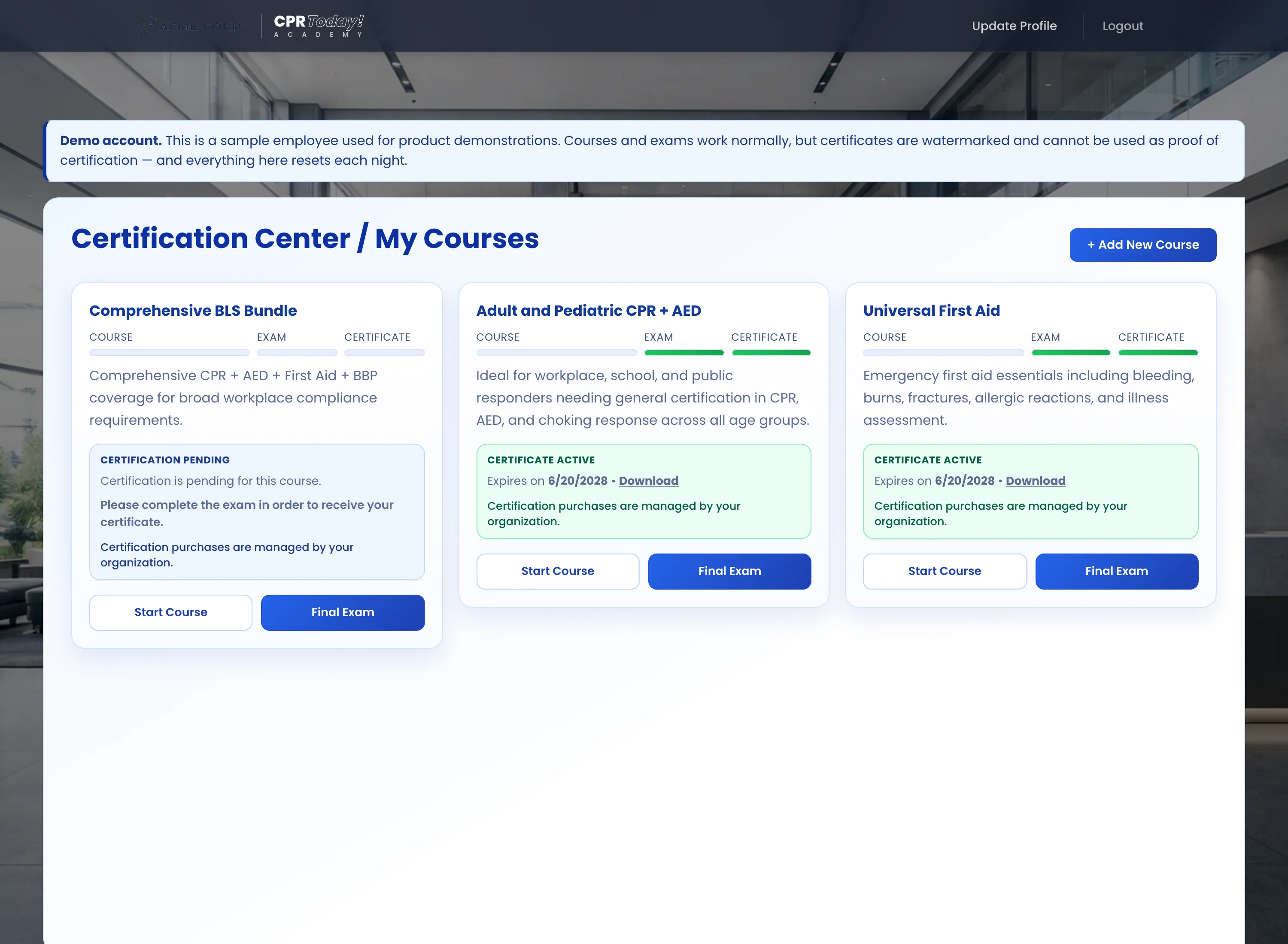 Employee certification centre listing courses and downloadable certificates